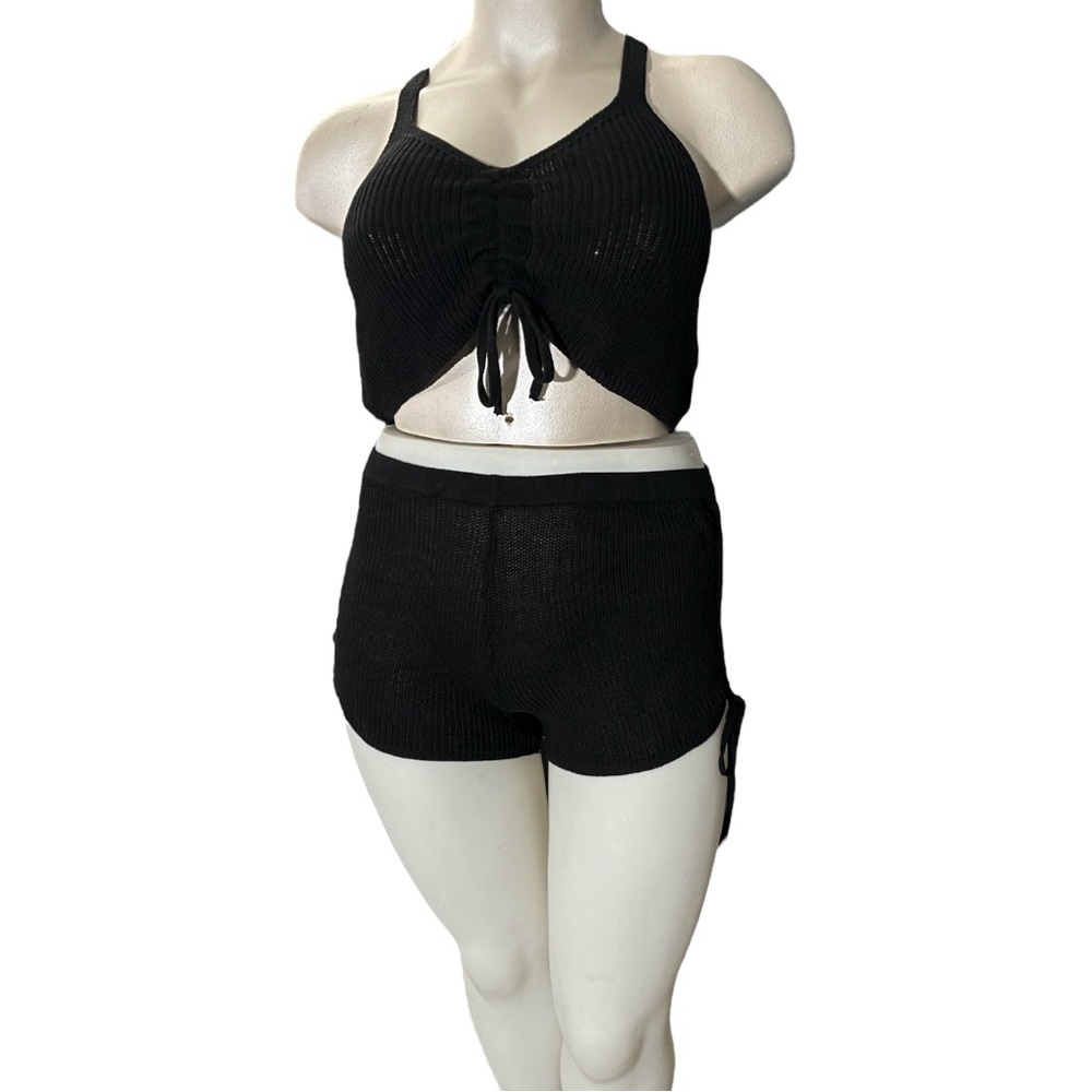 JOLIE & JOY 2PC Summer Set Crochet Knit Tie Cinched Crop Top and Shorts Black L - Picture 2 of 7